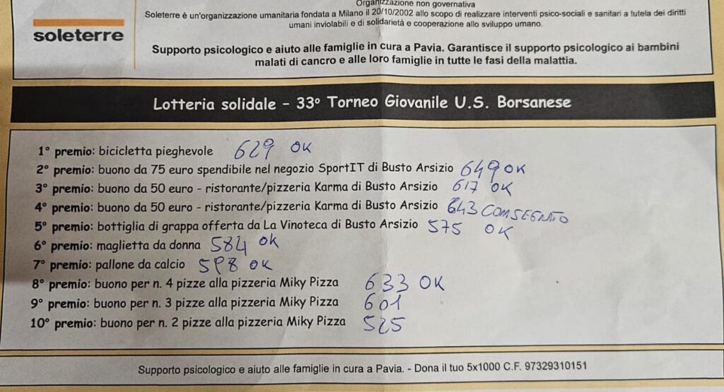Lotteria solidale 33 Torneo Borsanese